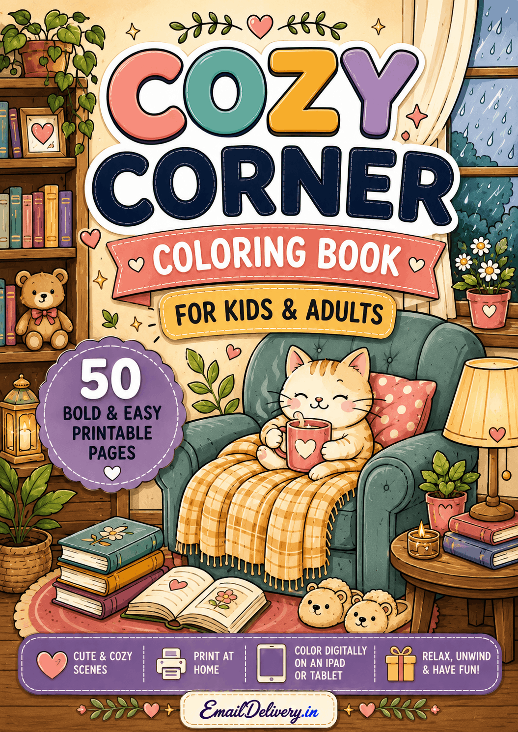 Front cover of a cozy coloring book titled 'Cozy Corner Coloring Book for Kids & Adults' with illustrated text and a warm illustrated scene showing a cat in an armchair, books, plants, and a lamp.