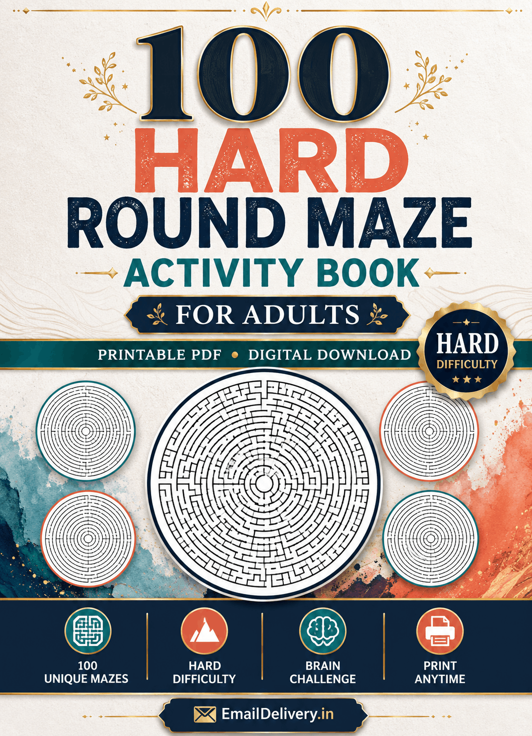 100 Hard Round Maze Activity Book for Adults
