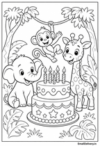 elephant, giraffe, monkey, and a two-tiered birthday cake with candles