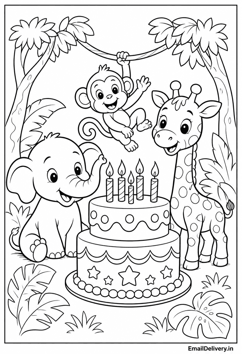 elephant, giraffe, monkey, and a two-tiered birthday cake with candles