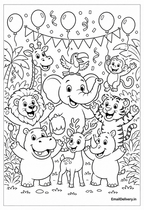 elephant, lion, hippo, tiger, monkey, giraffe, toucan, balloons, confett