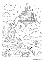 ermaid beside a floating castle, with clouds, stars, a turtle, a crab, and a dolphin in a stylized ocean