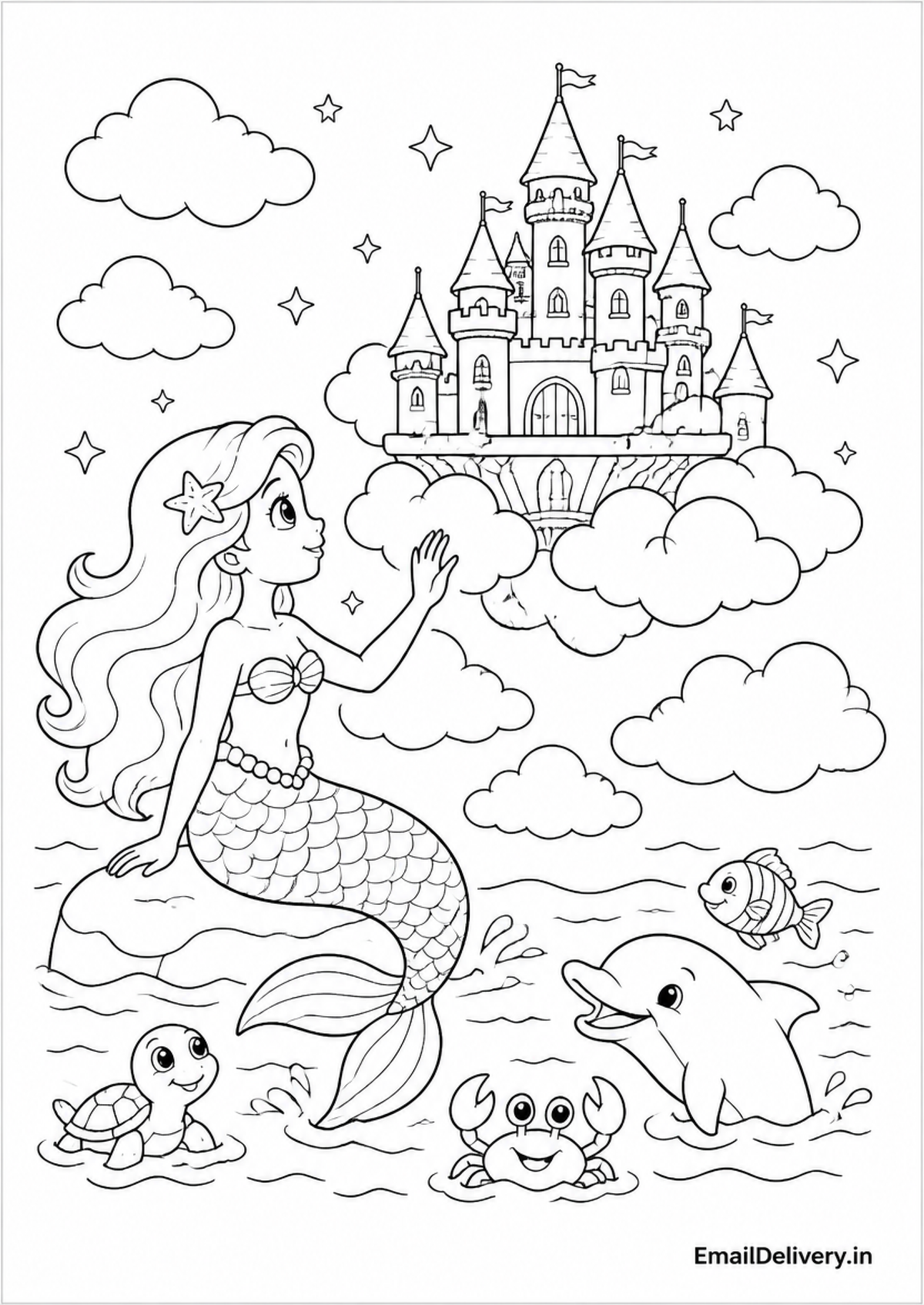 ermaid beside a floating castle, with clouds, stars, a turtle, a crab, and a dolphin in a stylized ocean