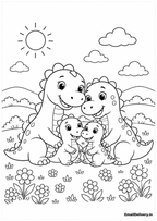 family of four cute dinosaurs in an outdoor landscape with flowers
