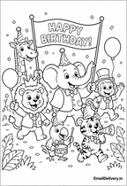 giraffe, elephant, lion, monkey, and tiger celebrating with balloons, party hats