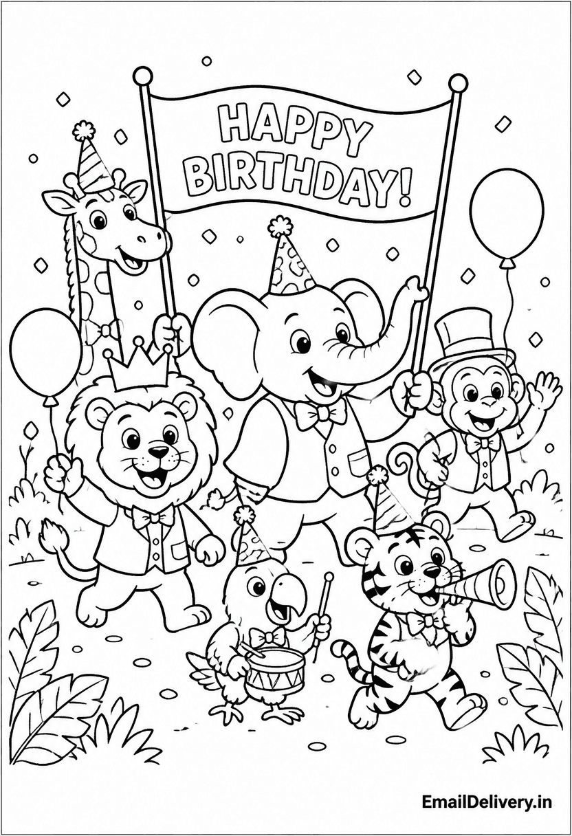 giraffe, elephant, lion, monkey, and tiger celebrating with balloons, party hats