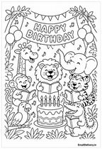  jungle birthday scene with cartoon animals singing around a birthday cake