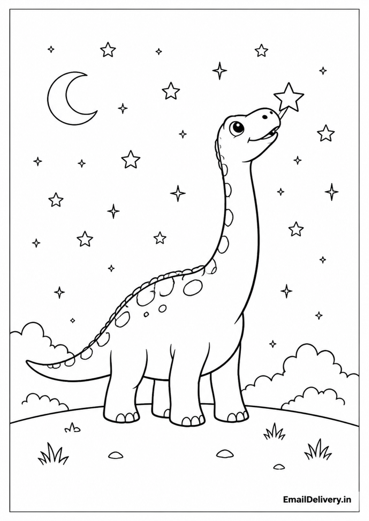 long-necked dinosaur standing under a crescent moon and stars