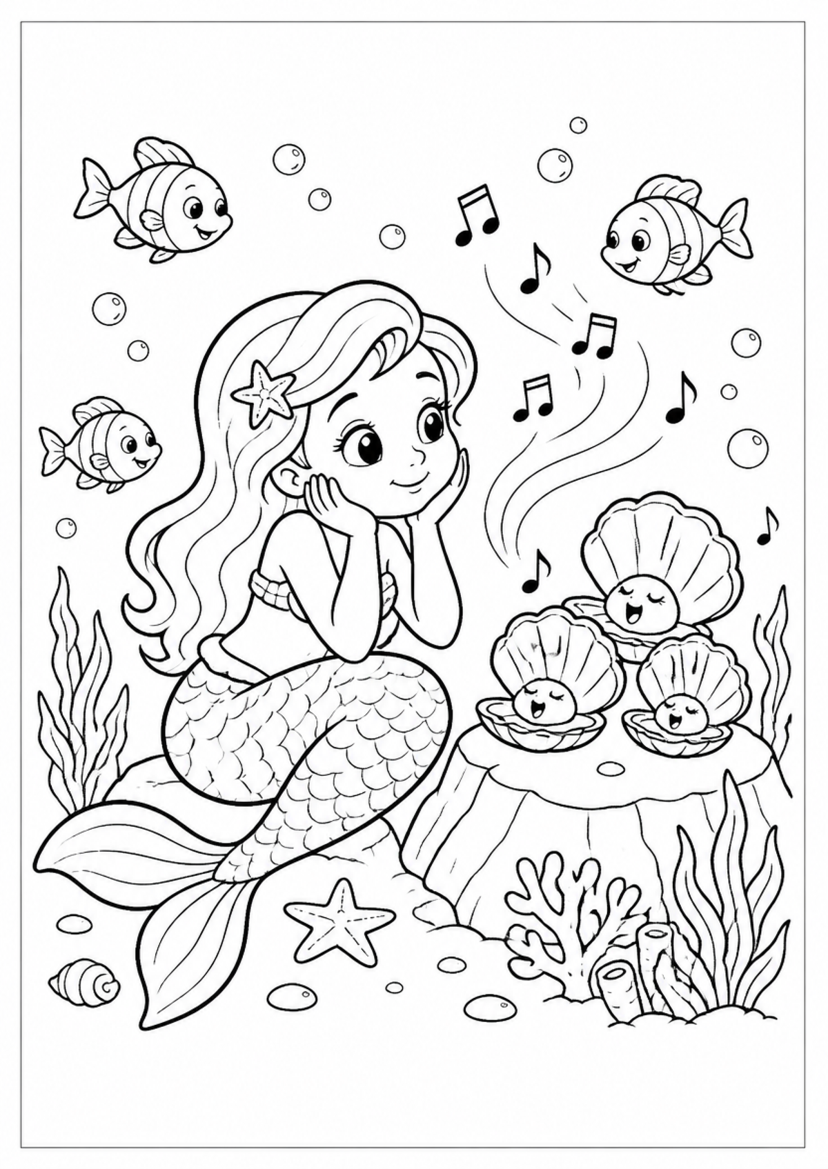 mermaid sitting on an underwater rock with starfish, seashells, fish, bubbles, and musical notes