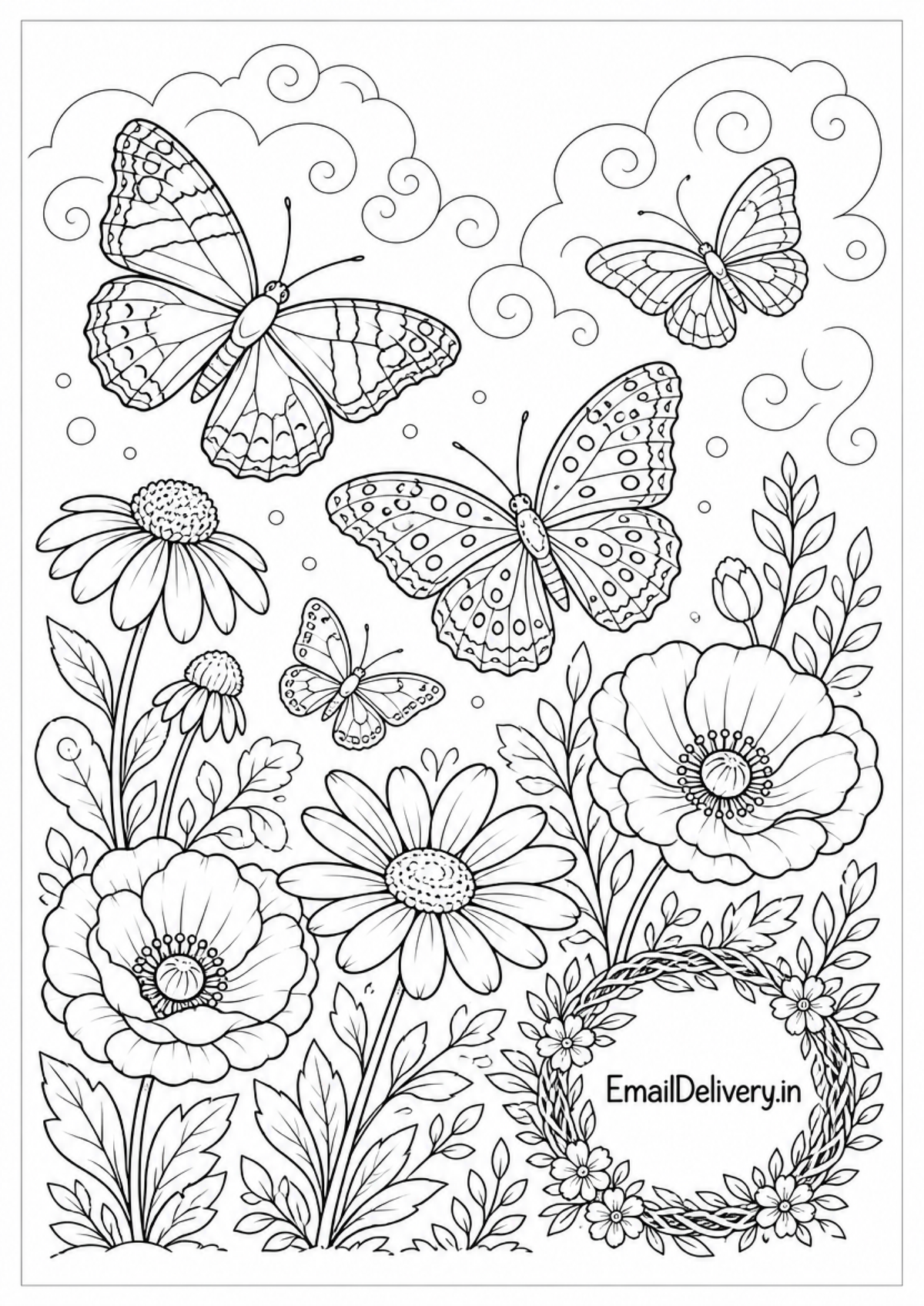 multiple butterflies with decorative swirls and a floral wreath
