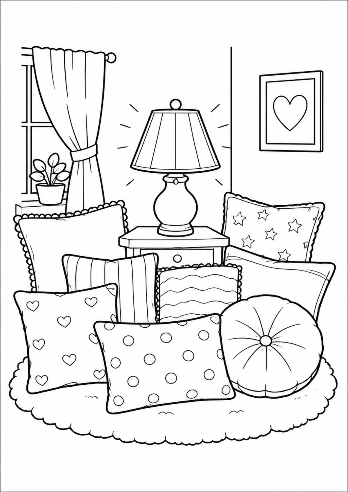 Black and white line art illustration of a cozy living room scene with multiple decorative pillows, a table lamp, a small plant, a window with curtains, and framed wall art.