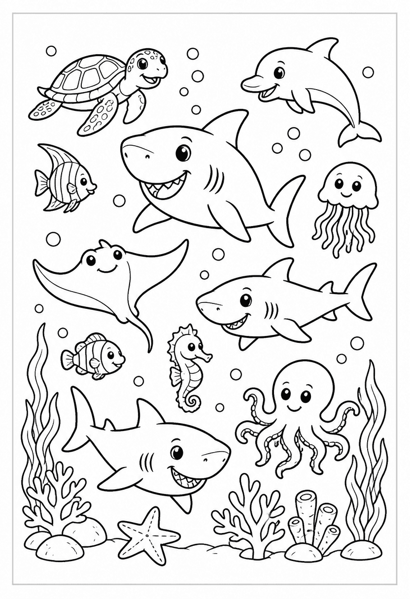 Underwater Sea Creatures Coloring Page for Kids Printable PDF