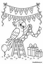parrot on a small ladder under a 'HAPPY BIRTHDAY' banner
