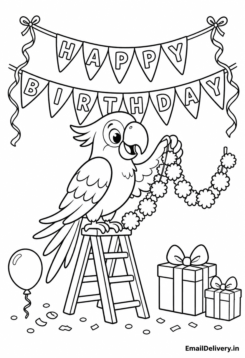 parrot on a small ladder under a 'HAPPY BIRTHDAY' banner