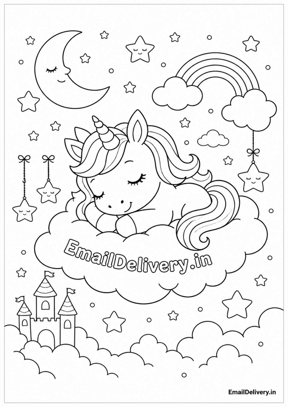 sleeping unicorn resting on a cloud