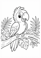 smiling parrot perched on a branch with tropical leaves