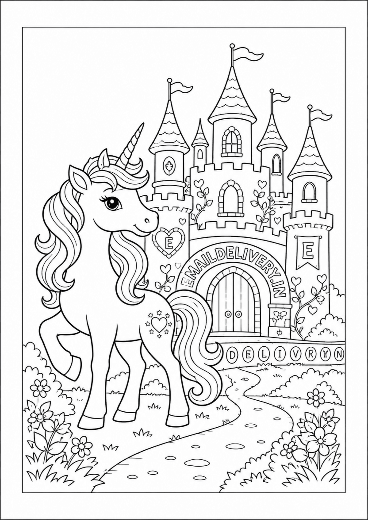  unicorn standing in front of a castle