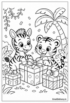 zebra and tiger sharing wrapped gift boxes
