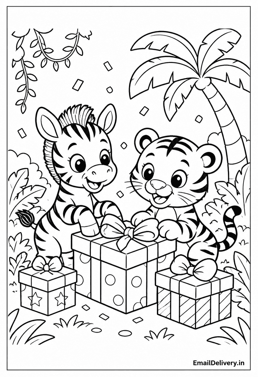 zebra and tiger sharing wrapped gift boxes